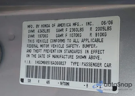 2006 Honda Accord 3.0 Ex from USA, damaged, VIN 1HGCM66516A066827